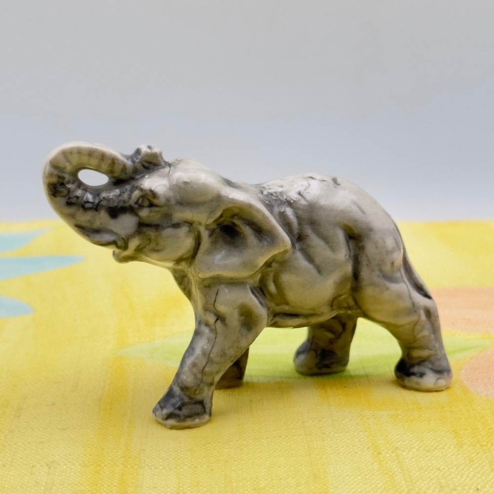 Vintage Japan Elephant Figurine Grey Marble Ceramic Mini Lucky Trunk Up Small